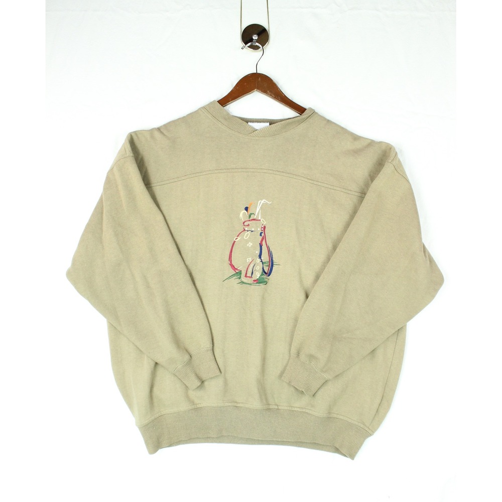 Vintage 90s Golf Bag Embroidered Sweatshirt Tan Khaki Mens XL Casual Minimalist